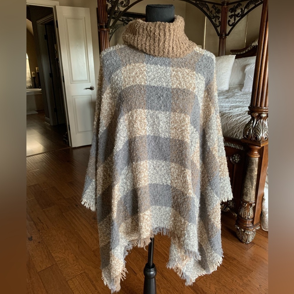 Plaid Striped‎ Poncho Turtleneck Fringe